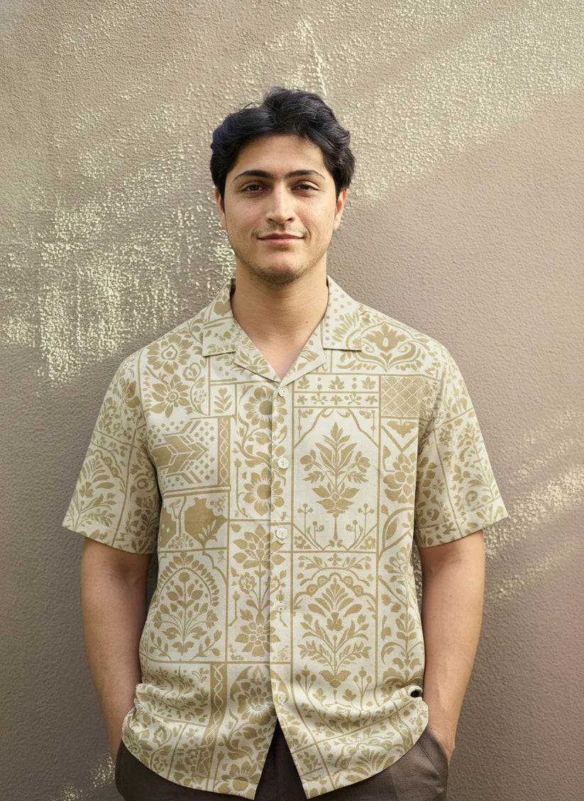 Beige Printed Half Sleeve Shirt