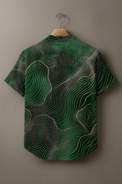Abstract Green Geometric Stripes Vintage Print Casual 100% Cotton Shirt