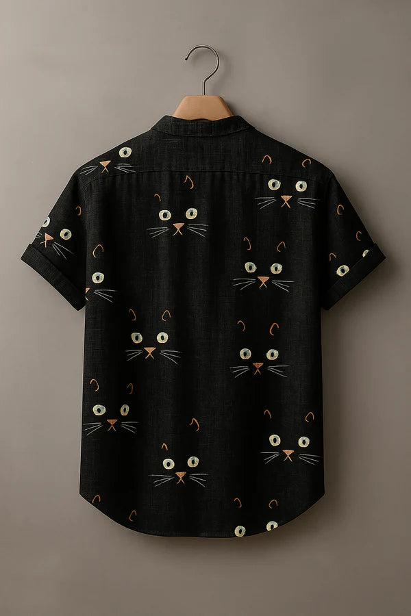 Black Cat Art Print Casual 100% Cotton Shirt