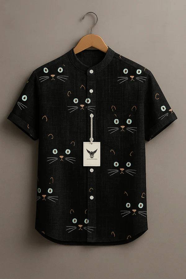 Black Cat Art Print Casual 100% Cotton Shirt